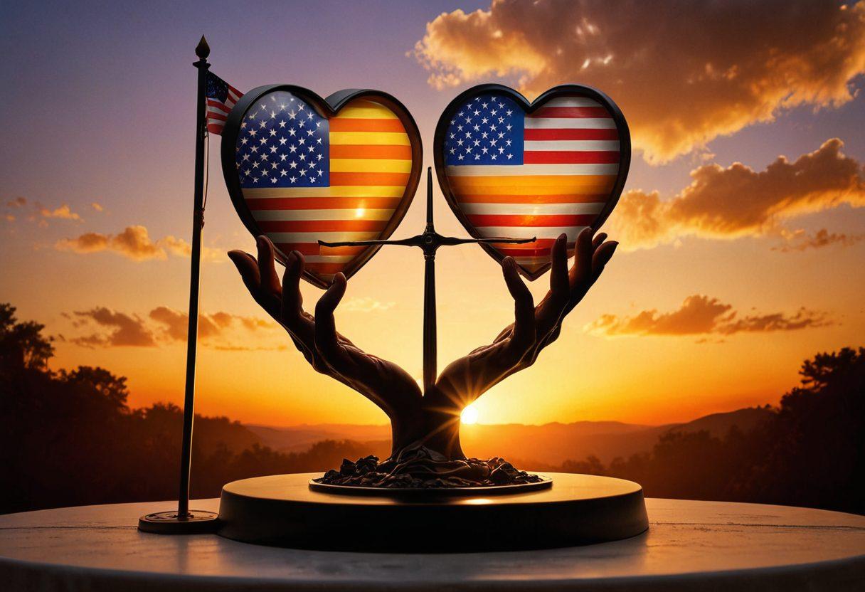 A symbolic representation of democracy with powerful imagery: a balancing scale featuring a heart and an American flag, surrounded by diverse hands reaching out to support it, set against a backdrop of a bright sunrise. The atmosphere conveys hope and unity, while subtle elements of sacrifice such as a soldier's helmet and a candlelight vigil can be included. vibrant colors. super-realistic.