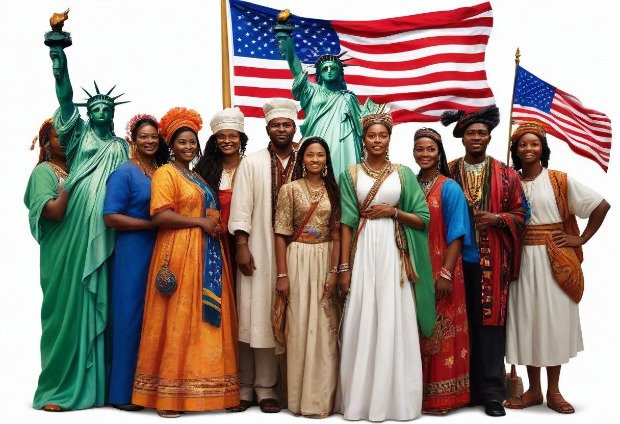 An illustration capturing a diverse group of American citizens proudly displaying cultural symbols, wearing traditional attire from various backgrounds, standing in front of an iconic American landmark like the Statue of Liberty. Incorporate vibrant colors to highlight cultural diversity and pride, with a warm, welcoming atmosphere. Include elements like flags and cultural artifacts to enhance the narrative of unity in diversity. super-realistic. vibrant colors. white background.