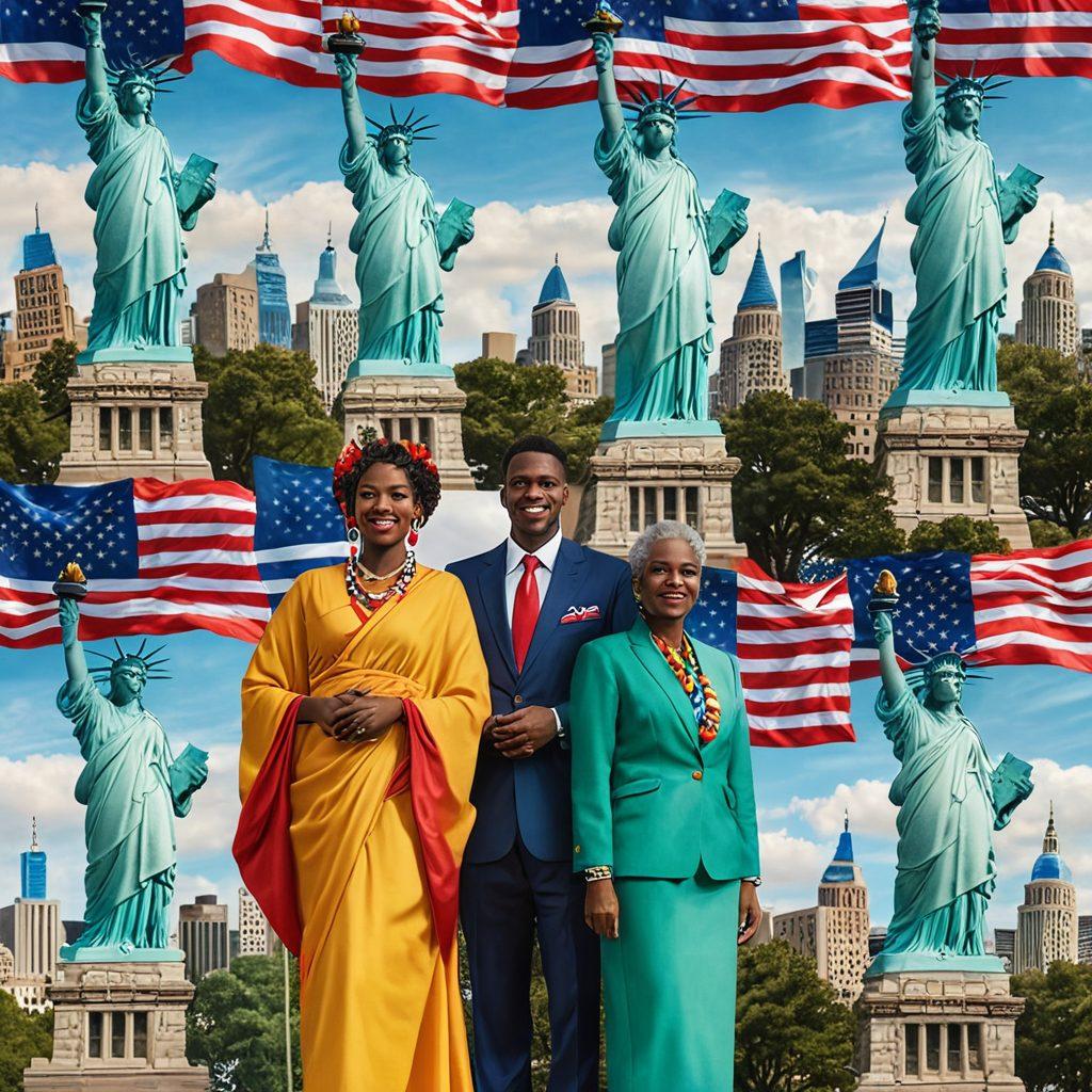 A diverse group of people from different backgrounds standing together, proudly displaying symbols of their heritage, such as flags and traditional attire. In the background, iconic American landmarks like the Statue of Liberty and the Capitol Building can be seen, with a vibrant sky symbolizing unity. The atmosphere is warm and inviting, reflecting a sense of community and civic pride. bright colors. super-realistic.